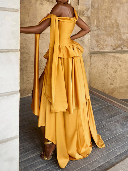 Boat-Neck Ruffle Slit Dress