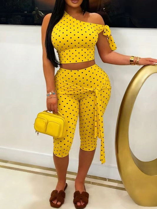 Dot Boat-Neck Top & Capri Pants Set