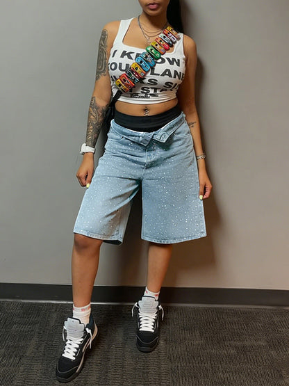 Studded Denim Bermuda Shorts
