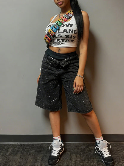 Studded Denim Bermuda Shorts