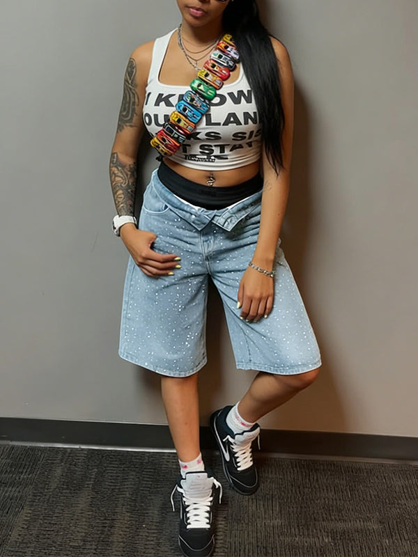 Studded Denim Bermuda Shorts