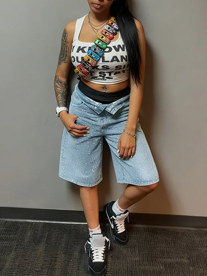 Studded Denim Bermuda Shorts
