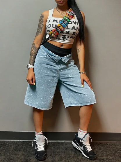 Studded Denim Bermuda Shorts