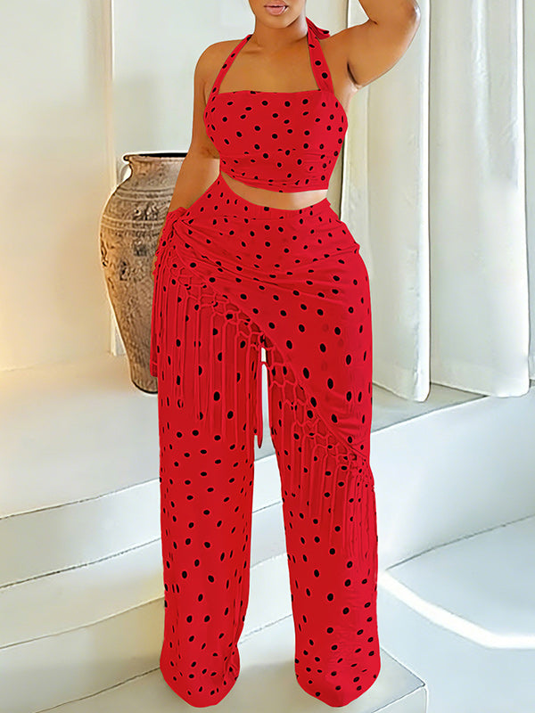 Dot Halter Top & Fringe Pants Set