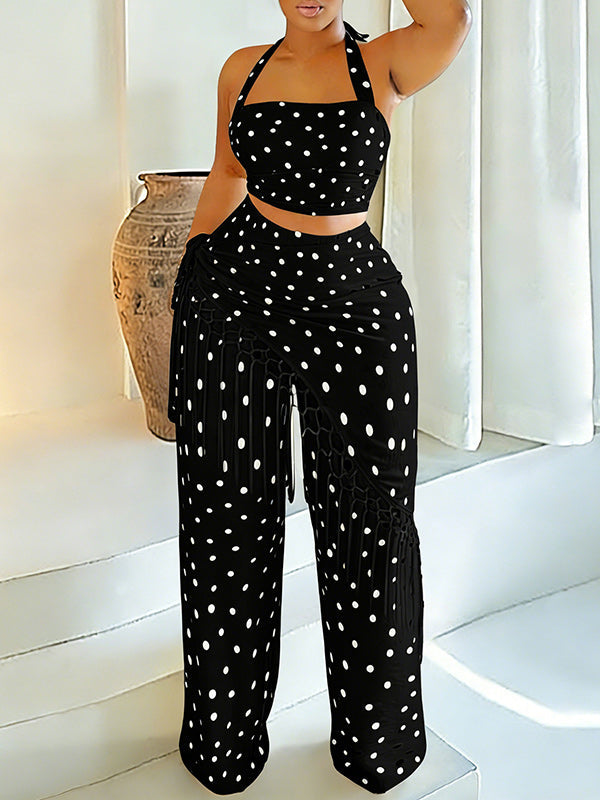 Dot Halter Top & Fringe Pants Set