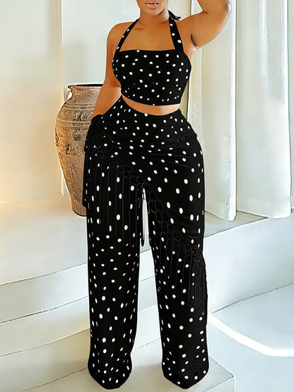 Dot Halter Top & Fringe Pants Set