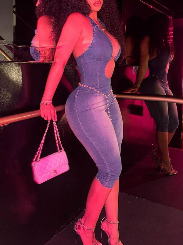 Denim Halter Capri Jumpsuit