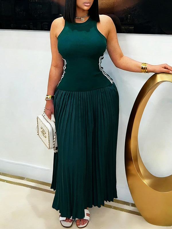 Side-Stripe Pleated-Combo Sleeveless Dress