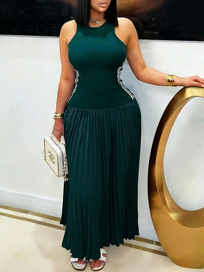 Side-Stripe Pleated-Combo Sleeveless Dress