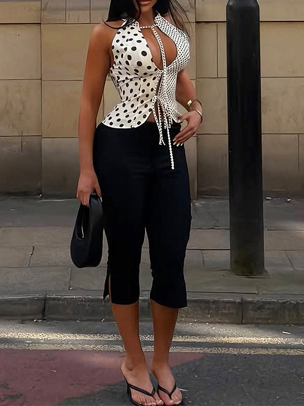 Dot Tied Vest & Capri Pants Set