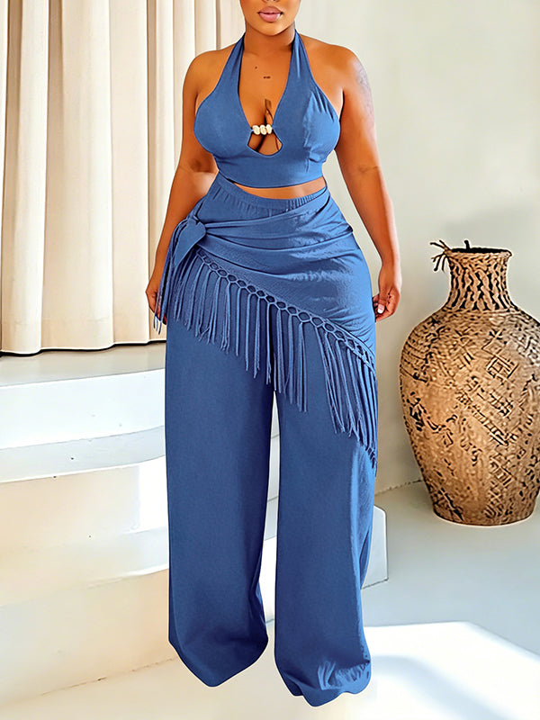 Solid Halter Top & Fringe Pants Set