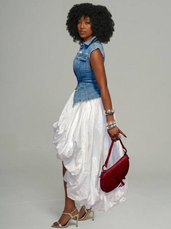 Button-Front Denim Vest & Bubble Skirt Set