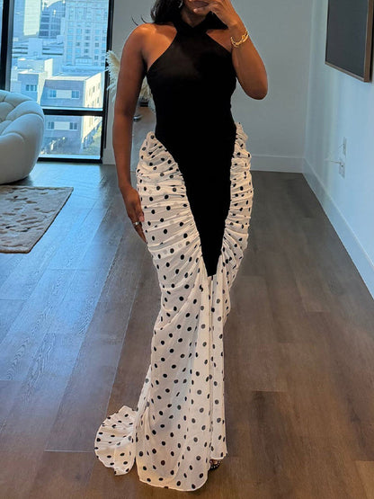 Dot Combo Halter Maxi Dress