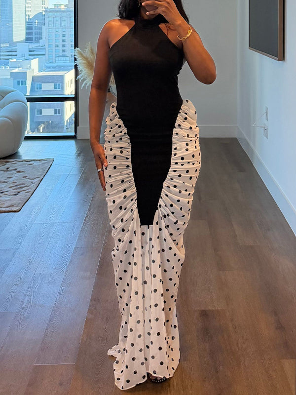 Dot Combo Halter Maxi Dress