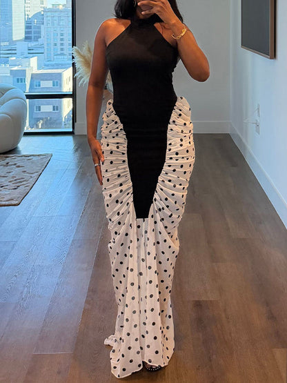 Dot Combo Halter Maxi Dress