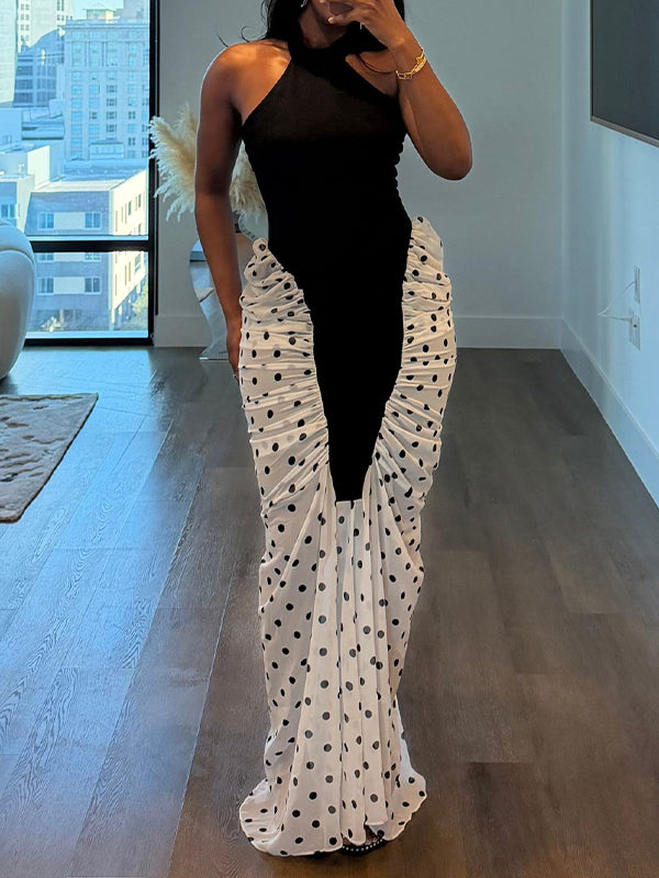 Dot Combo Halter Maxi Dress
