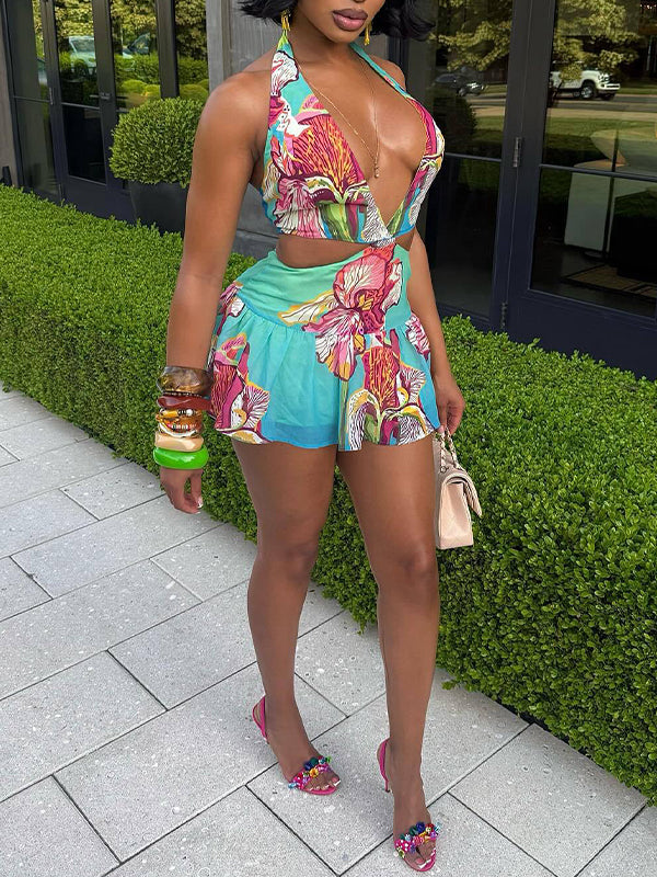 Printed Halter Top & Shorts Set