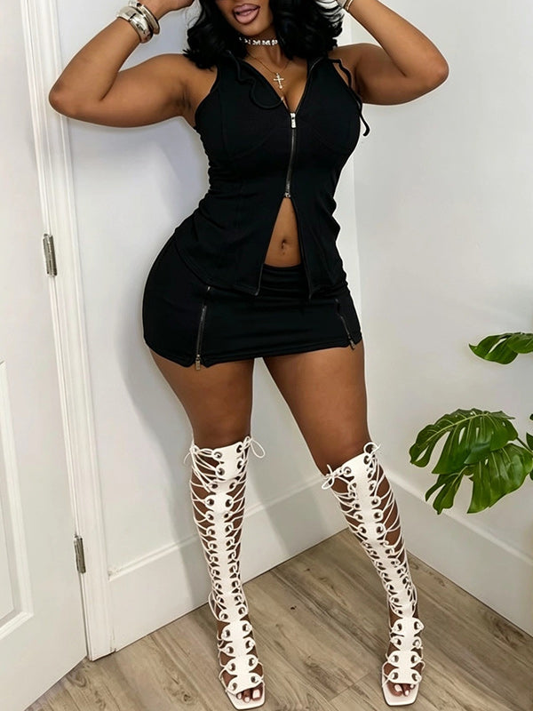 Zip-Front Sleeveless Hoodie & Skirt Set