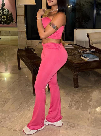 Solid Tube Top & Flared Pants Set