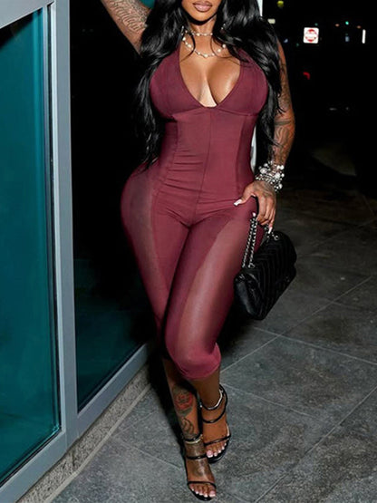Sheer-Combo Halter Capri Jumpsuit