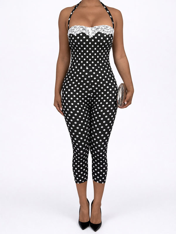Lace-Combo Dot Halter Jumpsuit
