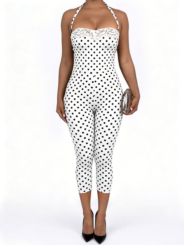 Lace-Combo Dot Halter Jumpsuit