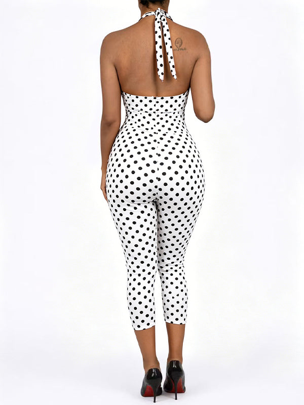 Lace-Combo Dot Halter Jumpsuit
