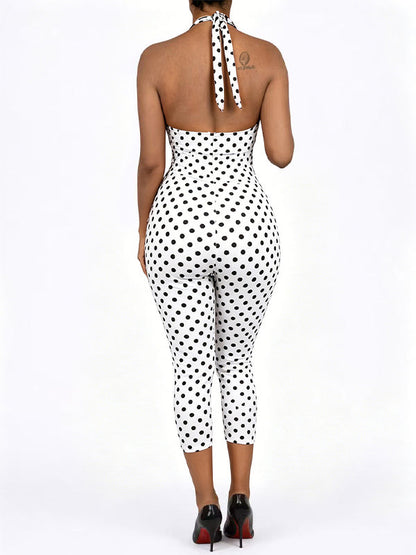 Lace-Combo Dot Halter Jumpsuit