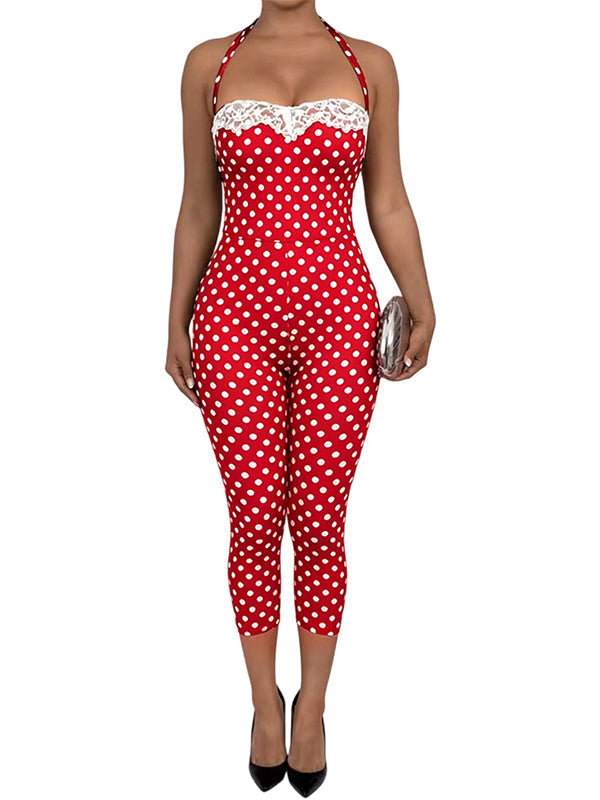 Lace-Combo Dot Halter Jumpsuit