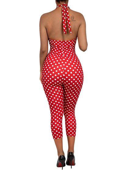 Lace-Combo Dot Halter Jumpsuit