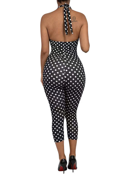 Lace-Combo Dot Halter Jumpsuit