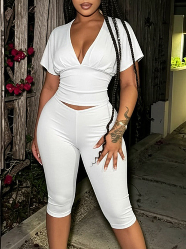 Solid V-Neck Top & Capri Pants Set