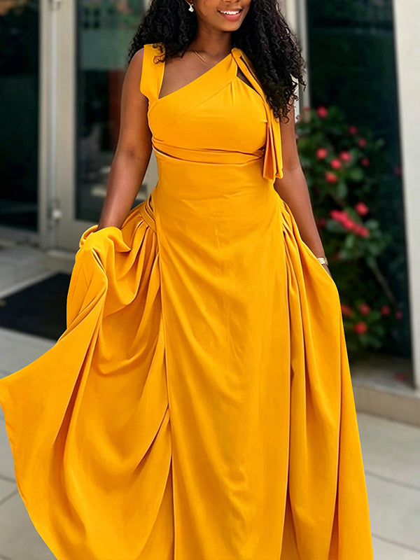 Asymmetric-Neck Sleeveless Dress