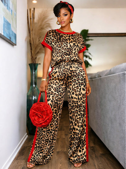 Contrast Leopard Top & Pants Set