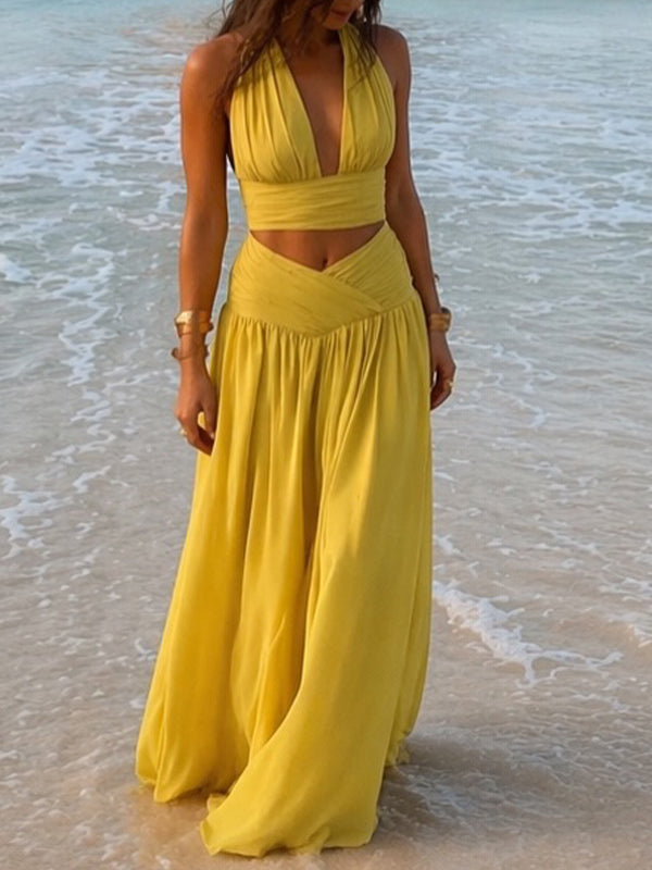 Solid Ruched Halter Top & Skirt Set