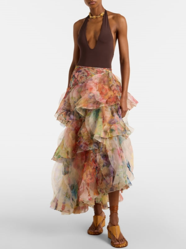 Printed Tiered Ruffle Skirt