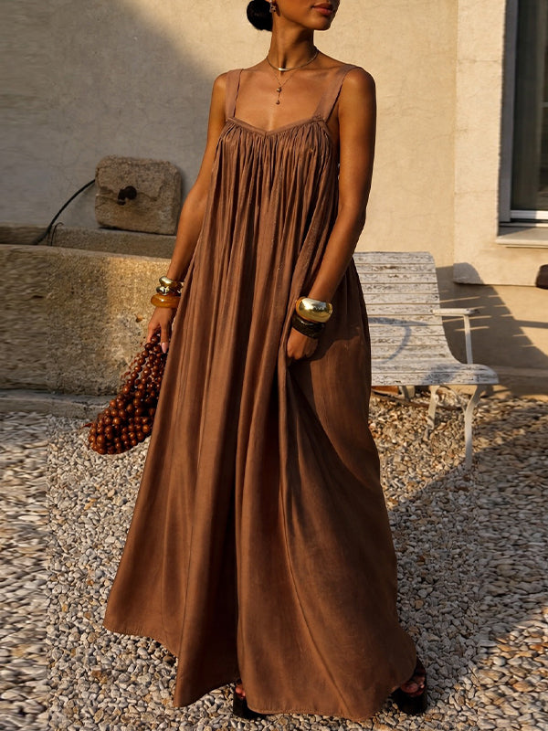 Solid Pleated Sleeveless Maxi Dress