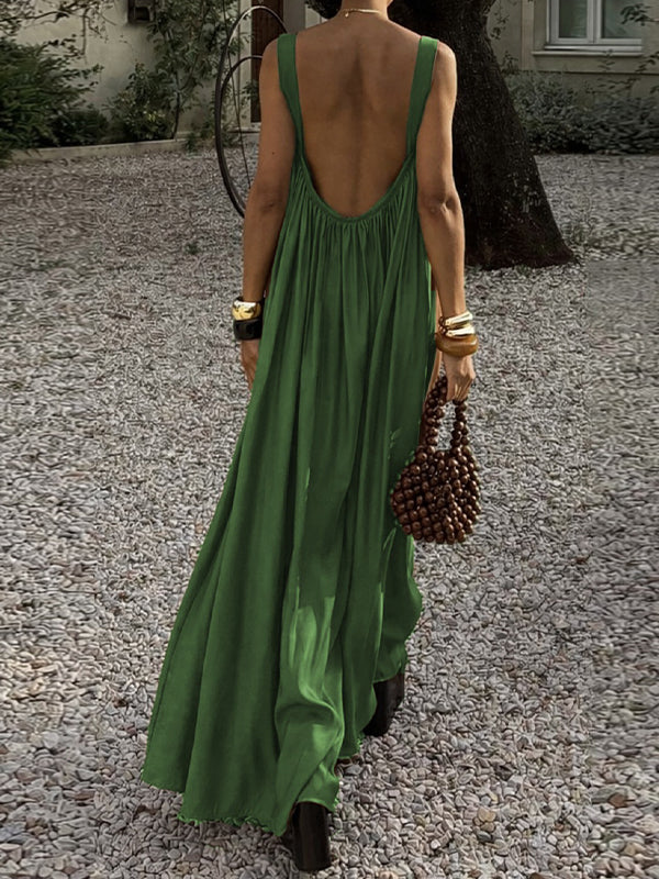 Solid Pleated Sleeveless Maxi Dress