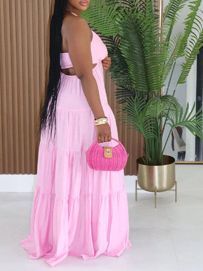 Solid Ruffle Cutout Halter Dress