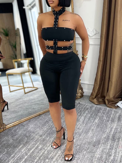 Studded Cutout Halter Romper