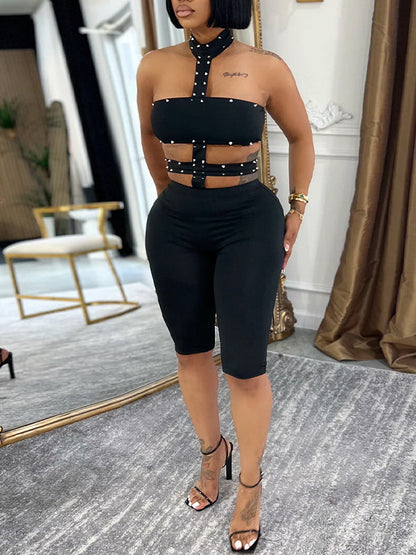 Studded Cutout Halter Capri Jumpsuit