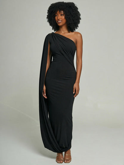 Solid Asymmetric One-Shoulder Dress