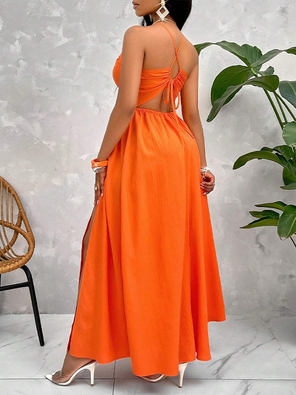 Solid Cutout Slit Halter Dress