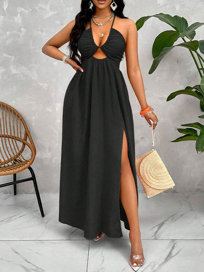 Solid Cutout Slit Halter Dress