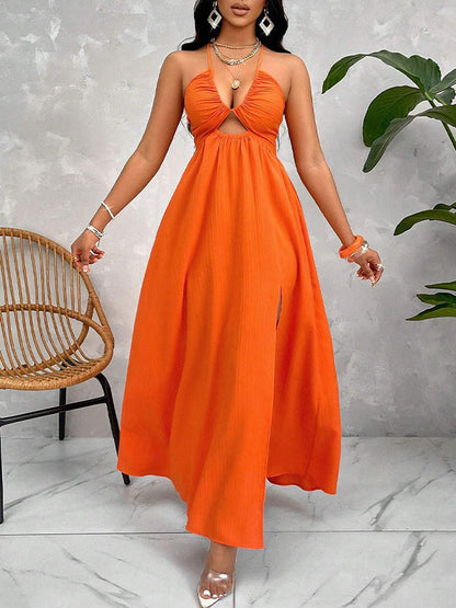 Solid Cutout Slit Halter Dress