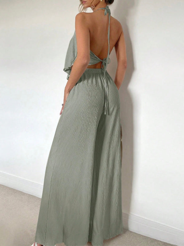 Solid Halter Top & Wide-Leg Pants Set