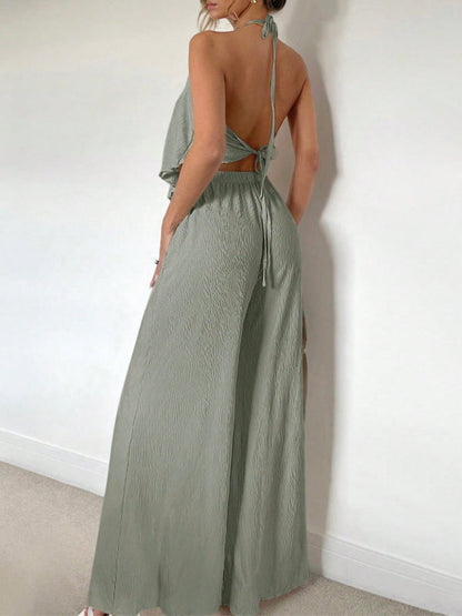 Solid Halter Top & Wide-Leg Pants Set