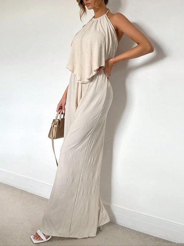Solid Halter Top & Wide-Leg Pants Set