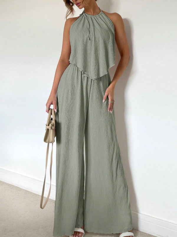 Solid Halter Top & Wide-Leg Pants Set