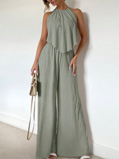 Solid Halter Top & Wide-Leg Pants Set